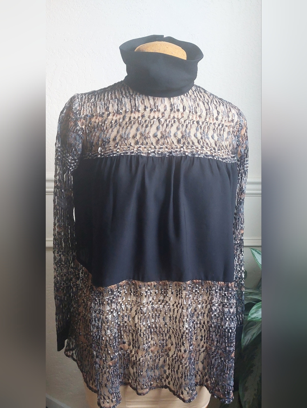 Nwt's Catherine Malandrino Vintage Black and Multi Colored Lace-Detail Blouse